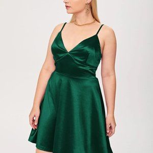 Green Plus Satin Adjustable Straps Solid Cami Dress